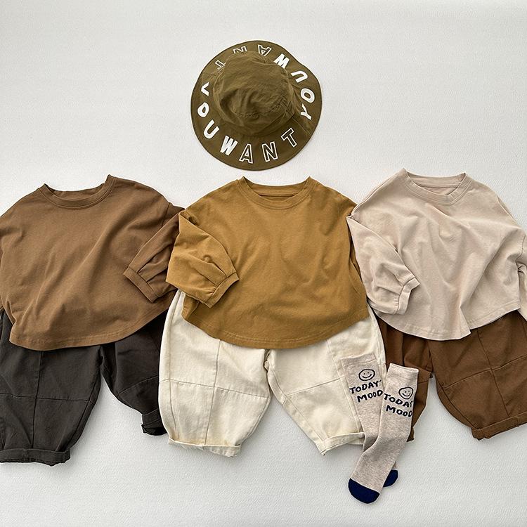 Dziecięca bawełniana koszulka z długim rękawem w stylu koreańskim: Okrągły dekolt, Odzież jesienno-wiosenna