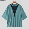INCERUN Sommer Herren Kurzarm Netz Durchsichtig Patchwork Lässig Locker Oberteile T-Shirts