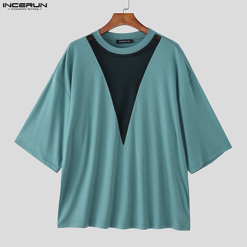 INCERUN Sommer Herren Kurzarm Netz Durchsichtig Patchwork Lässig Locker Oberteile T-Shirts