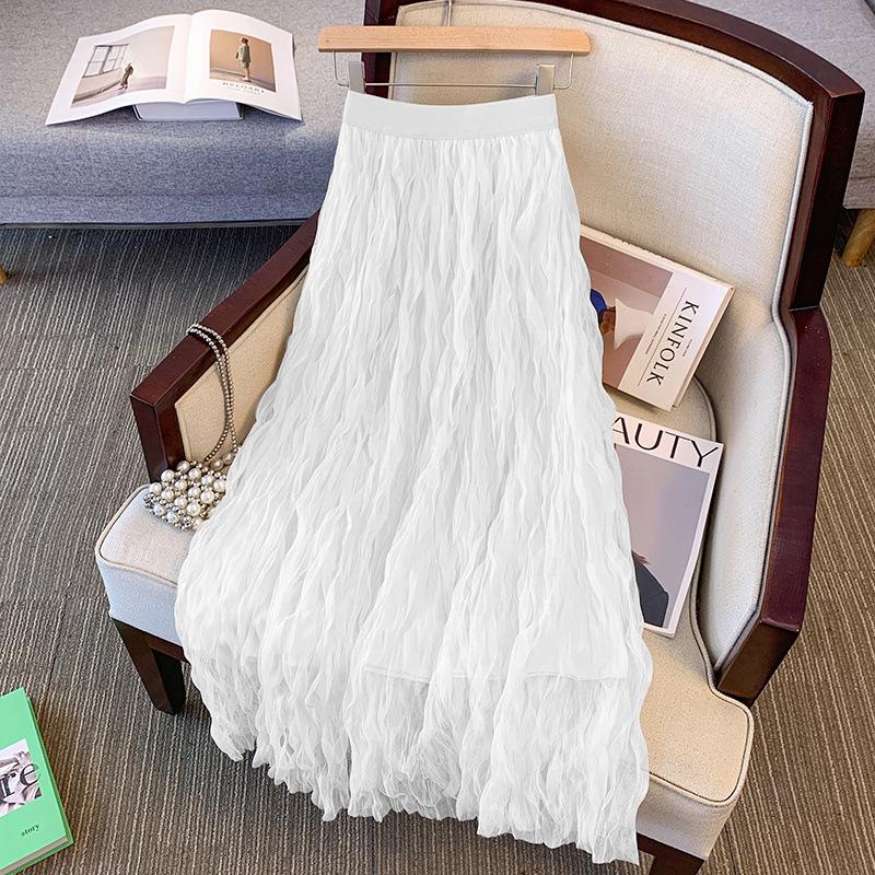 Plus Size Elastic Waist Pure Color Mesh Skirt Long Half-length Wave Pattern Pleated A- Line Commuter Style Polyester Fabric
