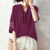 ZANZEA Women Lace Splice 3/4 Sleeve Casual V-Neck Blouse