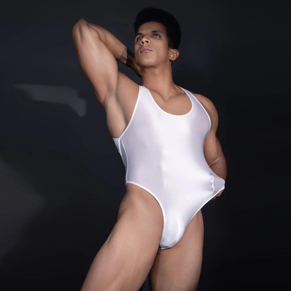 Sexy Men Deep V Neck Bandage High Cut Bodysuit Elastic Corset Body Shaper Oil Glossy Shiny One Pieces Thongs Gay Leotard