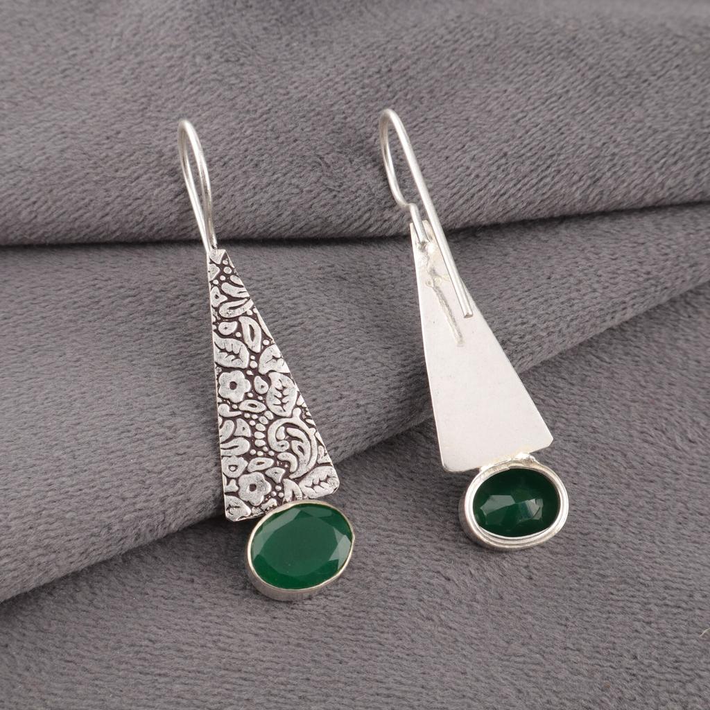 Natürlicher Grüner Onyx Edelstein 925 Sterling Silber Schmuck Handgefertigte Ohrringe 1,9" EE-165-17