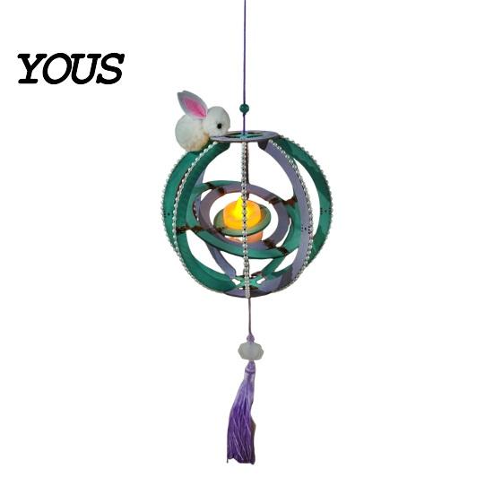 Wooden Lantern Toy DIY Kit for Mid-Autumn Festival, Hollow Rotating Ring with Rabbit, Handmade LED Candle Tassels