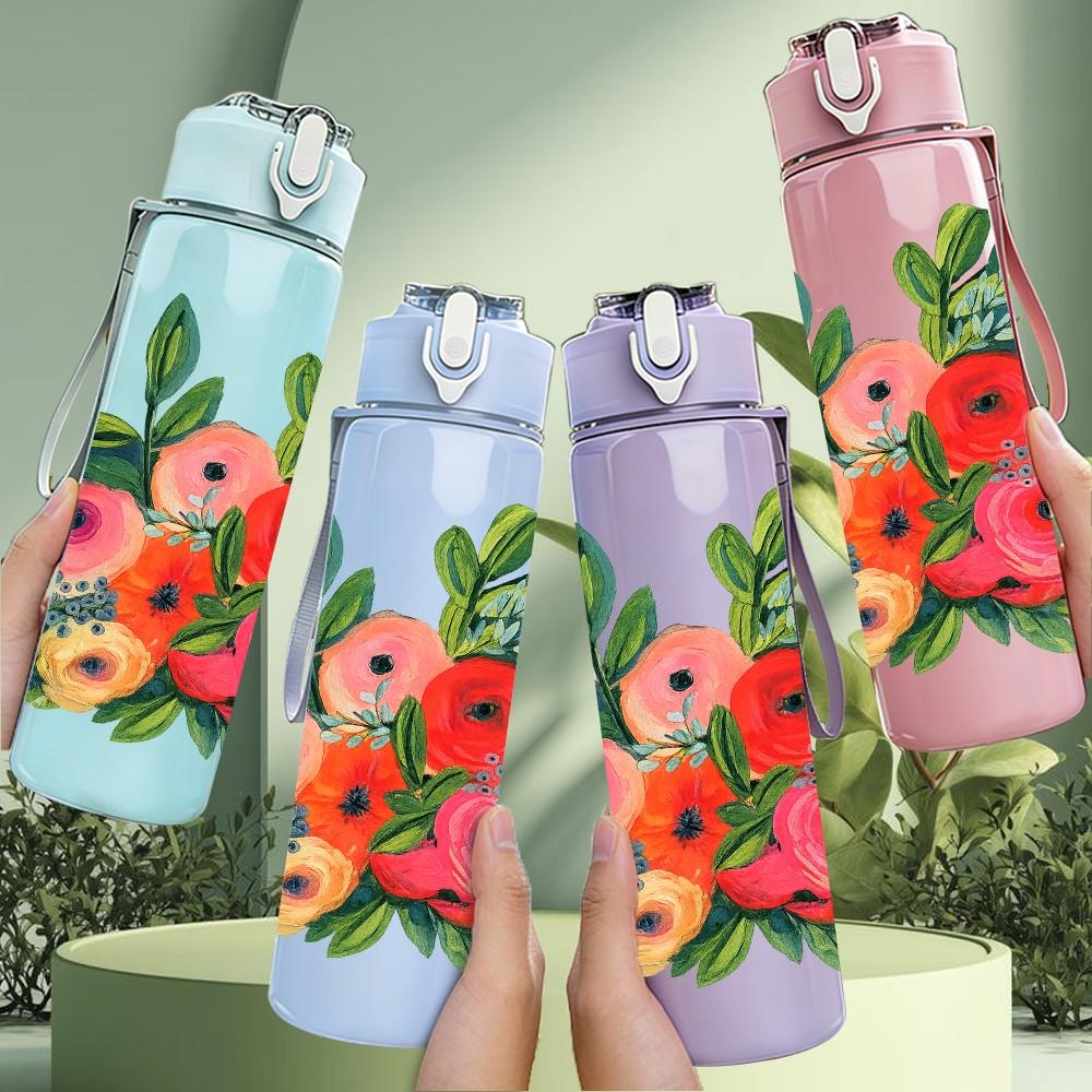 1PC Red Poppy Green Leaf Floral Print 750ml Color Plastic Sports Water Bottle Leakproof Flip Straw Lid Suitable for Sports Office Home Use