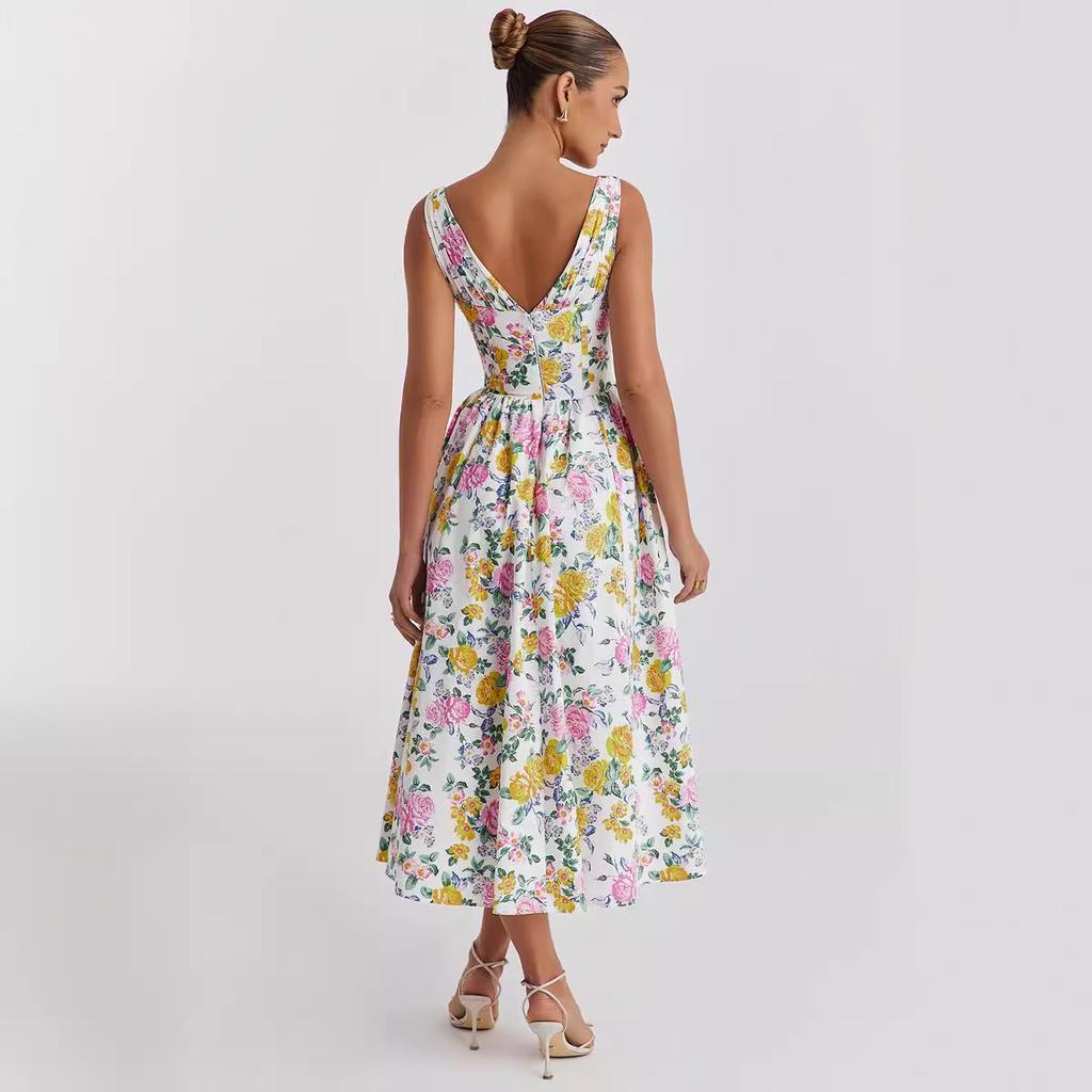 Summer new temperament V-neck waist slim-fitting sleeveless dress floral vacation dress medium and long dress