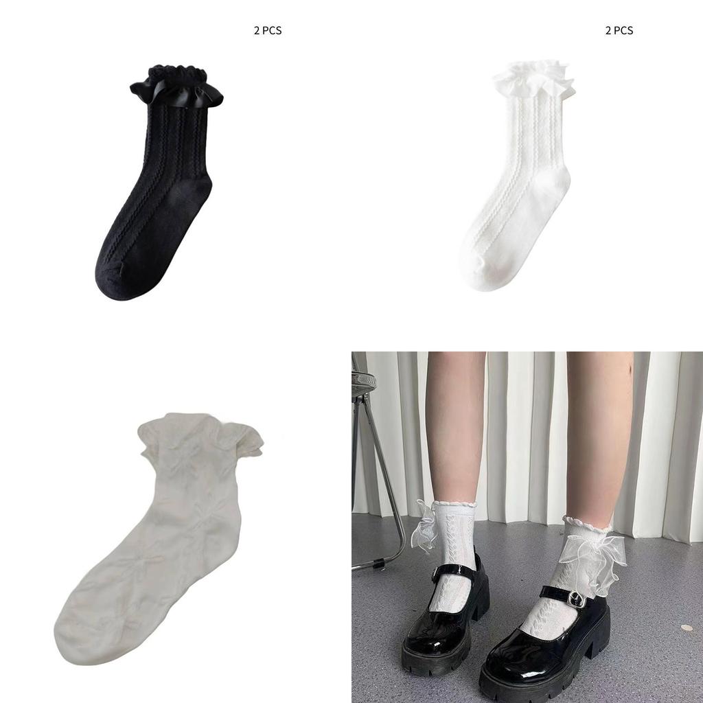 Cute White Lolita Lace Bow Princess Fairy Socks Cotton Mid-calf Odor-resistant