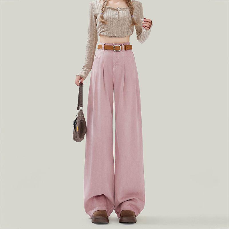 Women's 2024 Spring White High-Waisted Loose Pleated Wide-Leg Floor-Length Jeans