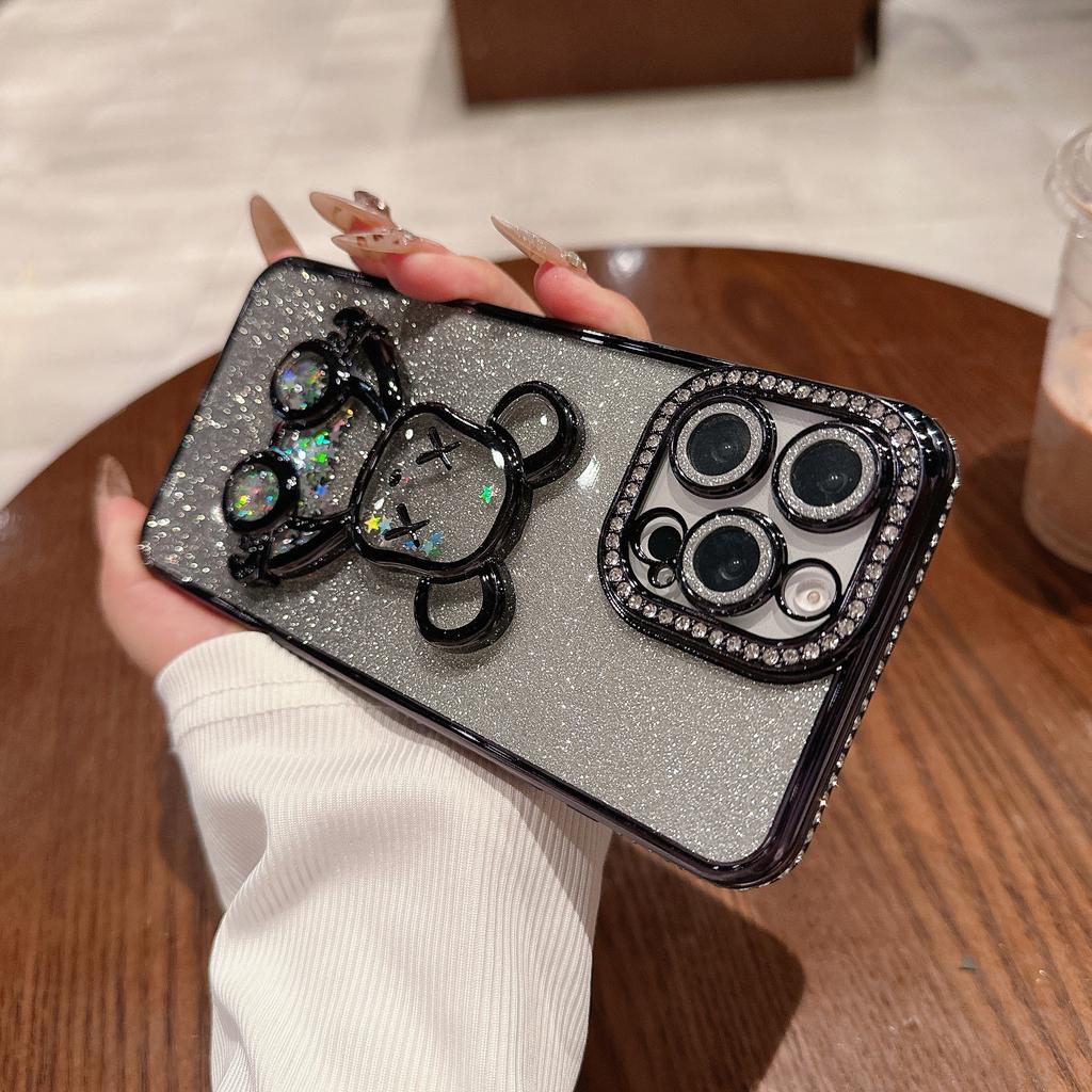 Applicable To IPhone 16 Mobile Phone Case Rhinestone Flash Powder Quicksand Violent Bear Apple 15 ProMax Advanced Sense Anti-fall Cover