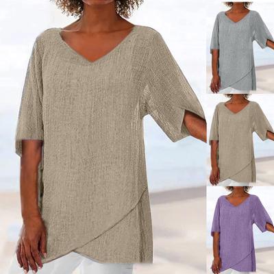 Women's High Low Tunic Top Short Sleeve T-Shirt Round Neck Color Blouse