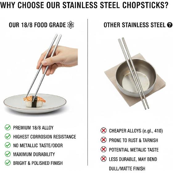 Stainless Steel Chopsticks 5 Pairs, 9 Inch Reble Metal Chop Sticks, Lightweight Hollow Design, Square Anti-Roll & Non-Slip Tips, Dishwasher Safe Food