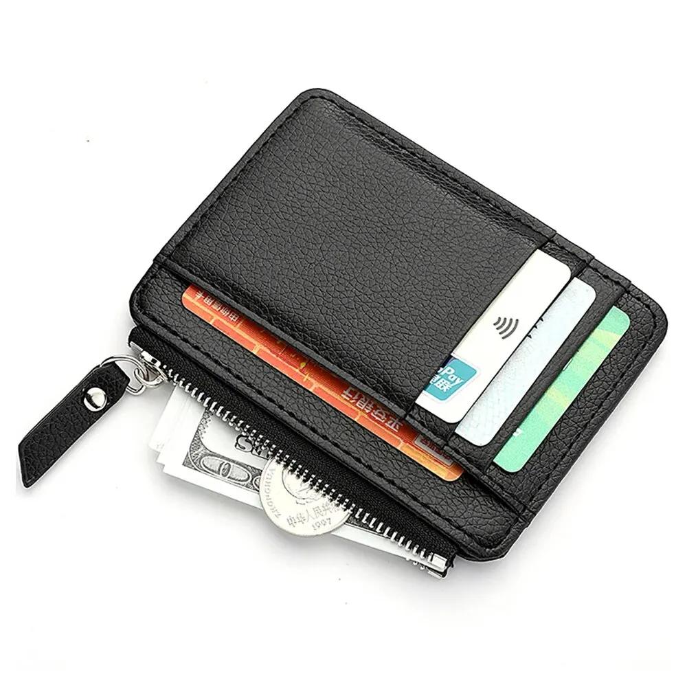 

Id Card Holder Mini Credit Card Wallet Men s Small Wallet Thin Sleeve Zipper Short Coin Wallet чорний