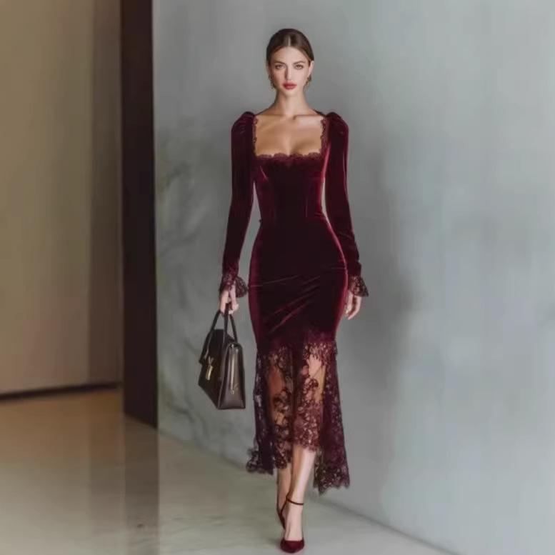 

2025 Autumn Elegant High Collar A-Line Dress with Slit for Women Large бордовий