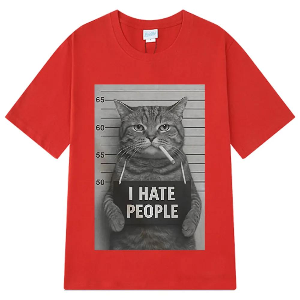 I Hate People Meow Print Tshirt Fun Cat Print T Shirts Loose Street Short Sleeve FemaleMale 100 Cotton Clothing Casual Tshirt