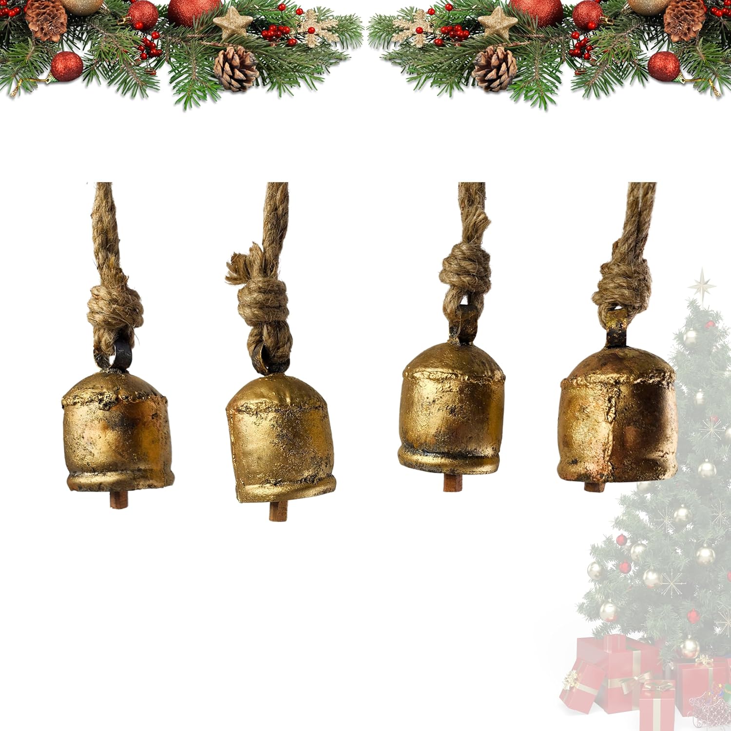 

Set of 4 Harmony Cow Bells Vintage Handmade Rustic Lucky Christmas Hanging Décor Bells On Rope (3 inch)