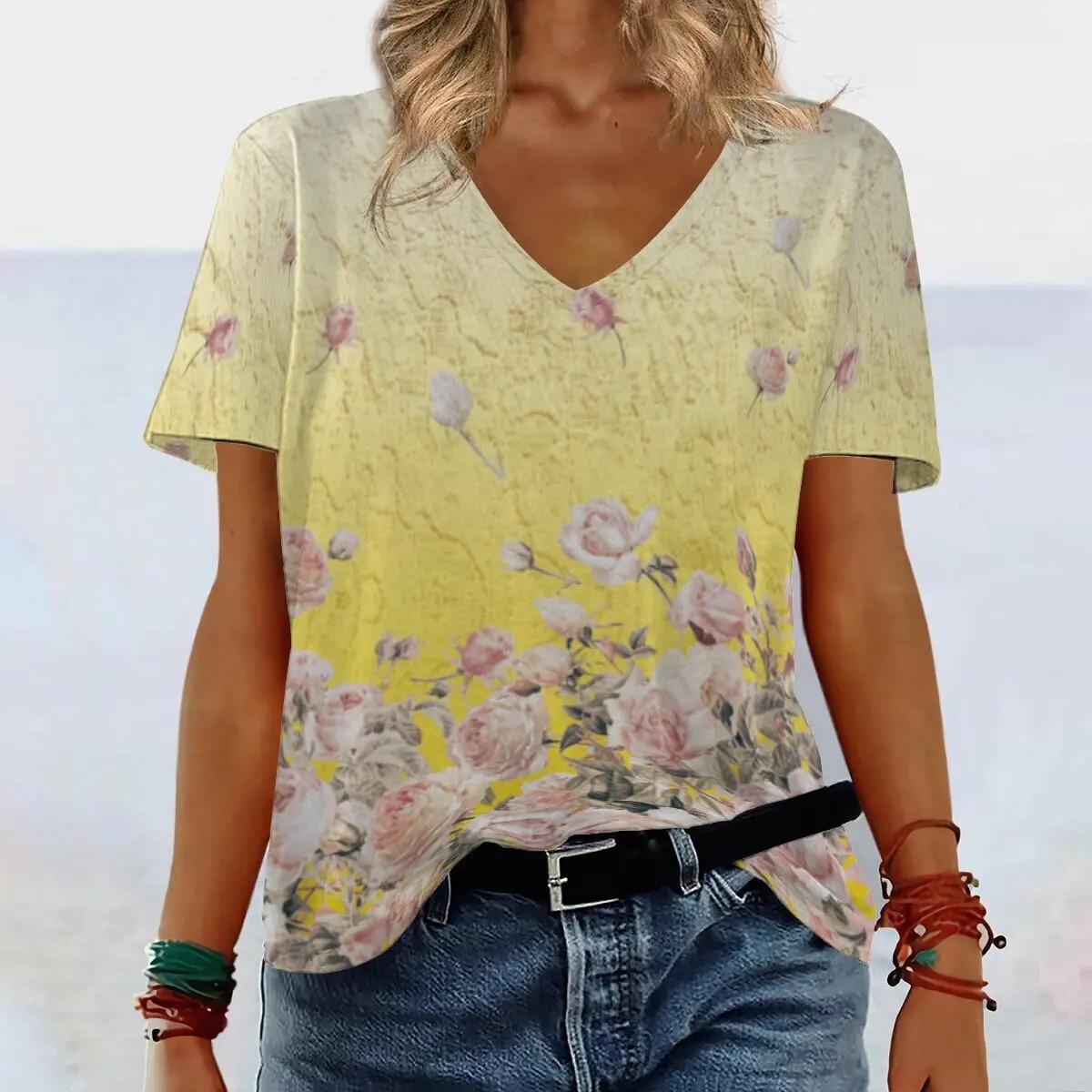 

Gradient Floral Pattern Print V - Neck Short - Sleeve Tops Summer Fashionable Casual 3D Printed Women s T-shirts 5XL