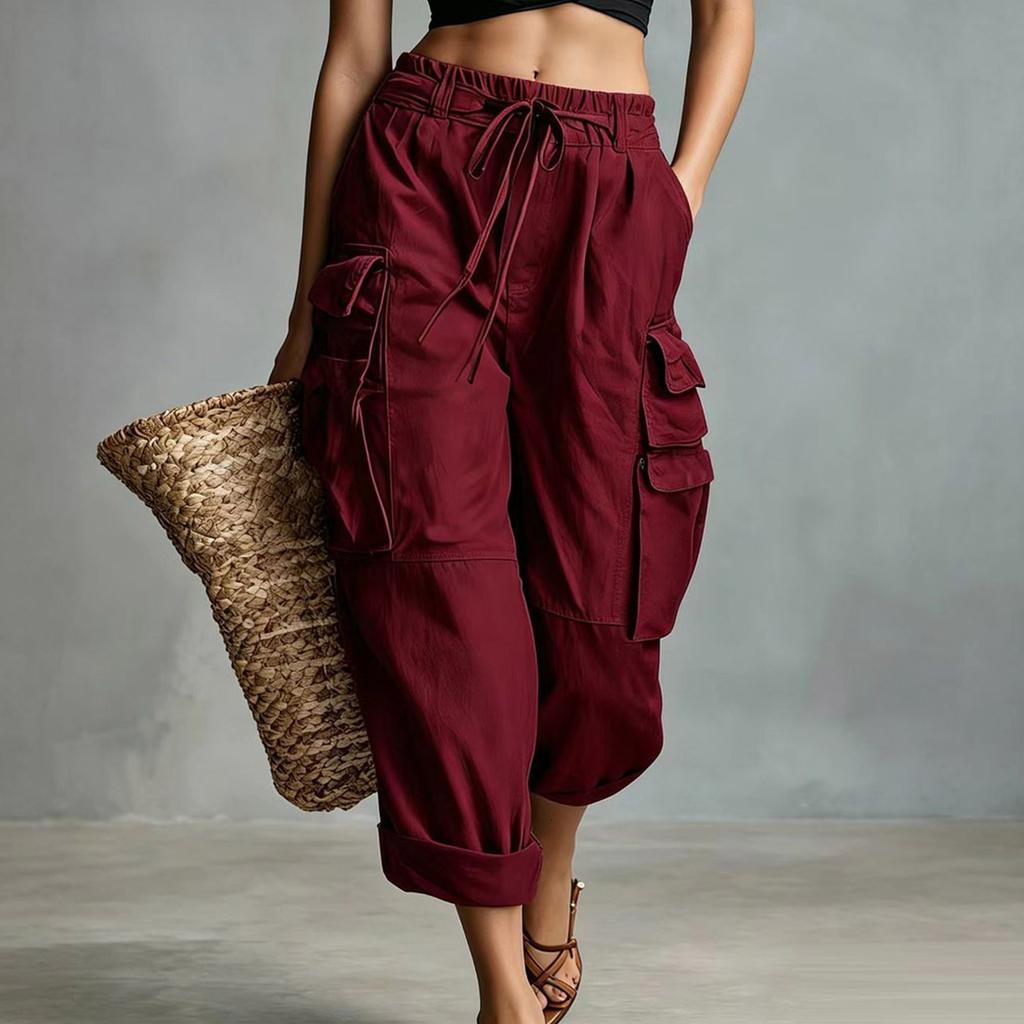 Women’s Loose Fit Straight Leg Cargo Pants with Drawstring Waist and Multiple Pockets for Casual Jogger Style Outdoor Work