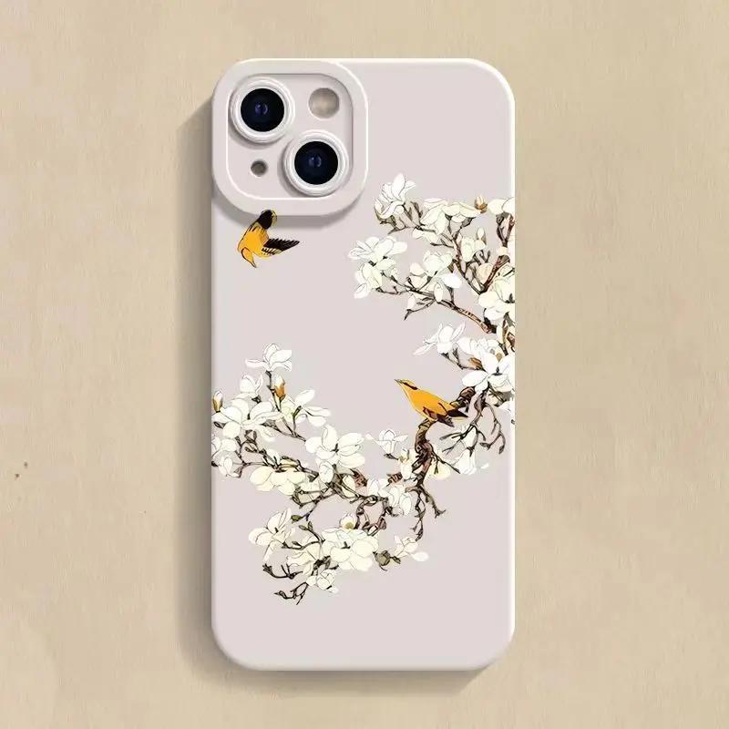 Flower and Bird Chinese Style TPU Soft Phone Case for iPhone 14 Pro Max 13 Mini 12 12Pro 11 XR X XS Max 15