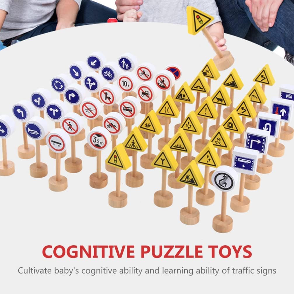 Wooden Road Construction Traffic Sign: 50pcs Toy Street Signs Small Toy Cars and Other Diecast Vehicles Wood Cars Toys Traffic Signs Toys
