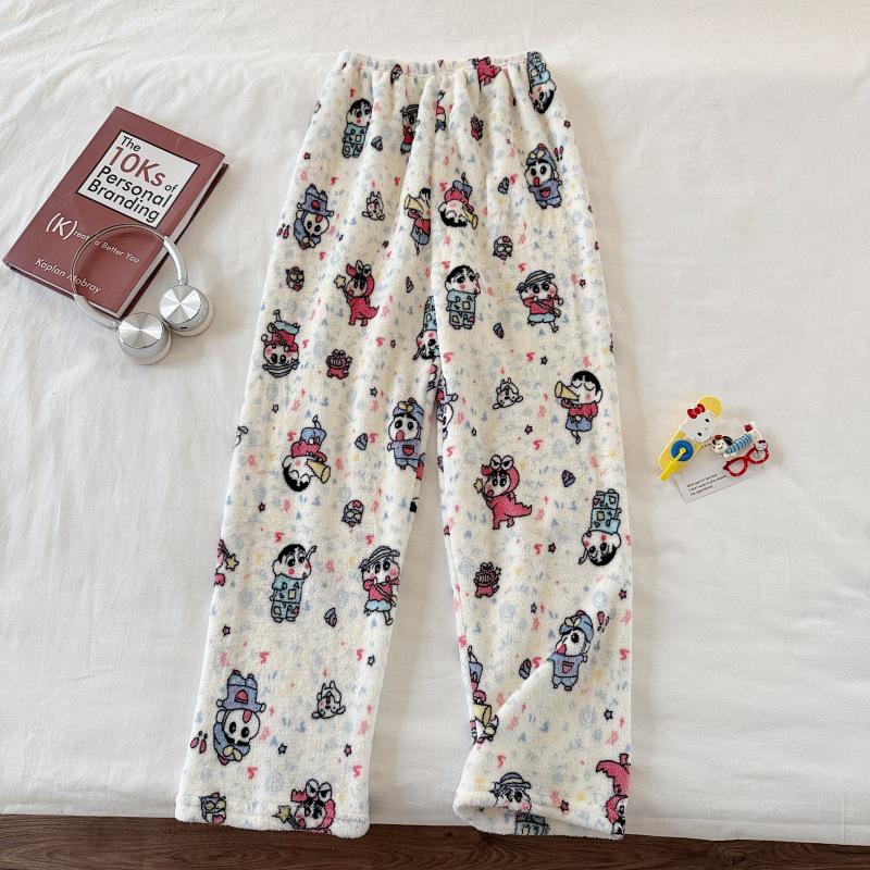 Hello Kitty Coral Fleece-Lined Flannel Pajama Pants for Women - Warm Autumn/Winter Style