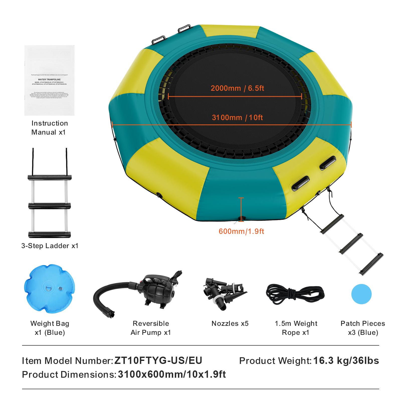 VEVOR Надувной Водный Батут 10 футов Рекреационный Водный Батут Портативная Платформа для Прыжков и Плавания Детский Взрослый Плавучий Батут