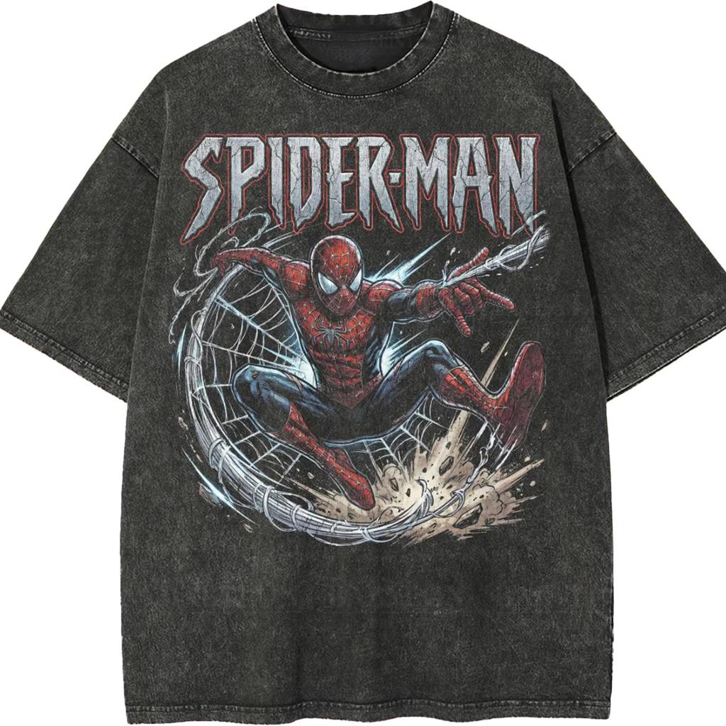 Anime Spider-Man Graphic Print T-Shirt Men Women Vintage Washed Cotton Summer New Tee Streetwear Y2K Harajuku Fashion Oversized Top
