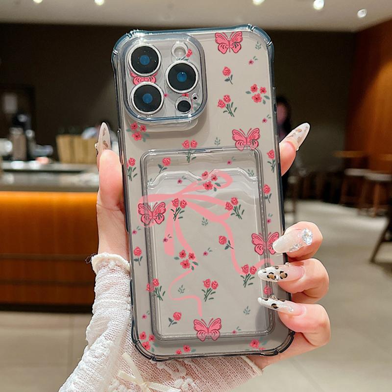 For iPhone 16 Pro Max 16E 15 14 Pro 13 12 11 Cover Bowknot Floral Print Clear Card Slot Soft Silicone Lens Protection Shockproof Slim Phone Case
