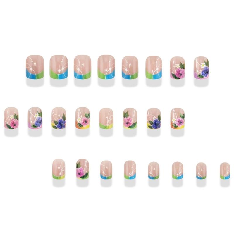 Square Press On Nail Flower Fake Nail Stick On Nail In 12 Sizes,24 Pcs French Nail Tips for DIY Nail Art Decorations