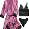 European Luxury V-Neck Lace Satin Pajamas & Nightgown Set - Includes Camisole & 3/4 Sleeve Robe, 4-Piece Women's Sleepwear.
