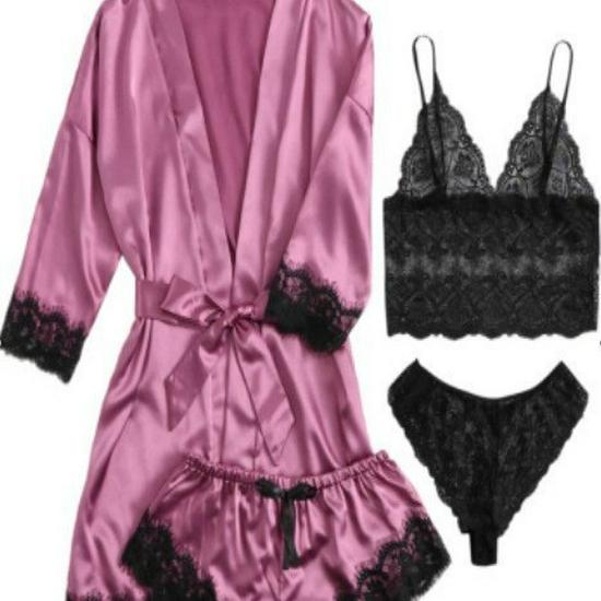 European Luxury V-Neck Lace Satin Pajamas & Nightgown Set - Includes Camisole & 3/4 Sleeve Robe, 4-Piece Women's Sleepwear.
