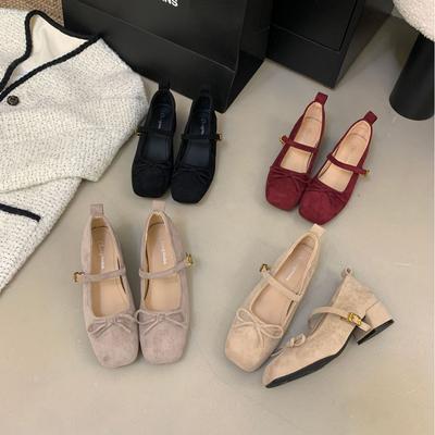 2025 Autumn and Winter New Round Head Bow Suede Light Mouth Thick Middle Heel Versatile Mary Jane Women's Single Shoes
