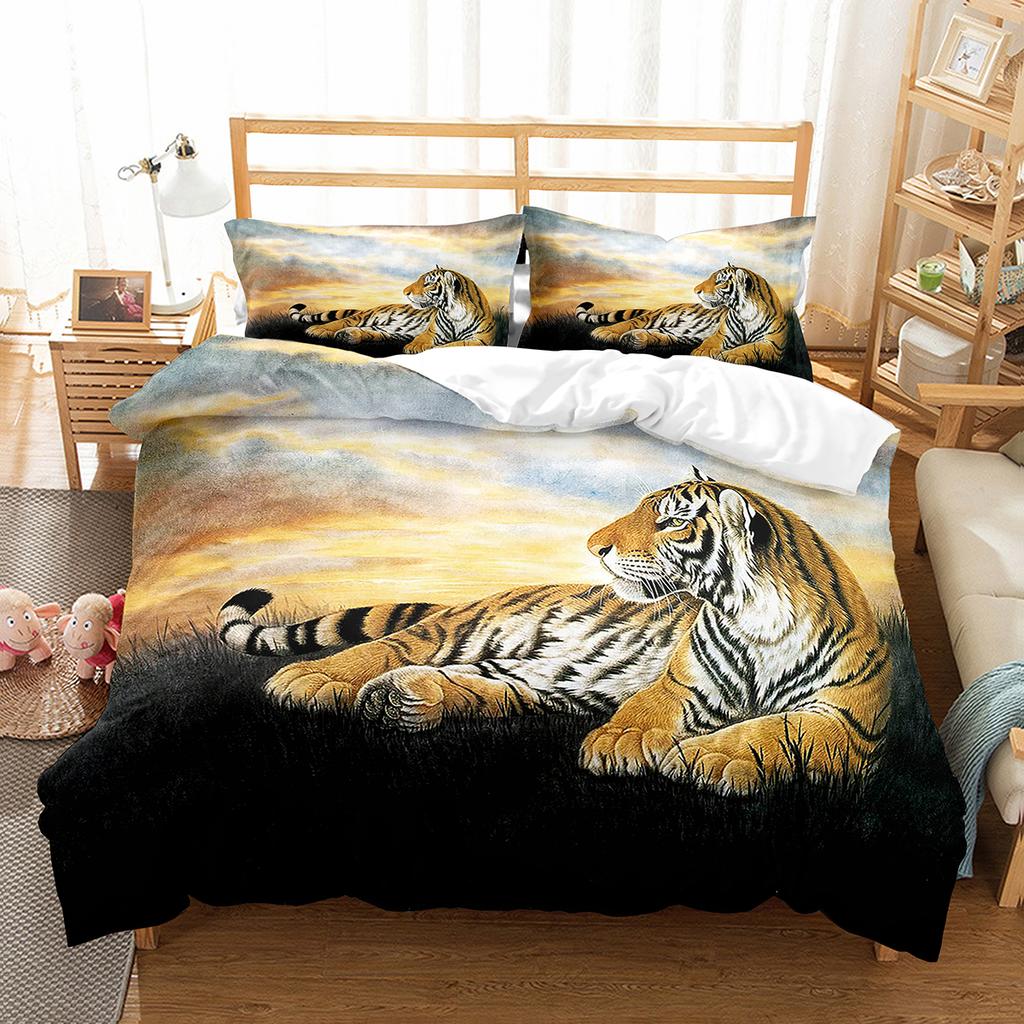 Tiger Duvet Cover Set Purple Flower Comforter Cover Boys African Safari Wild Animals Big Cat Queen King Polyester Quilt Cover