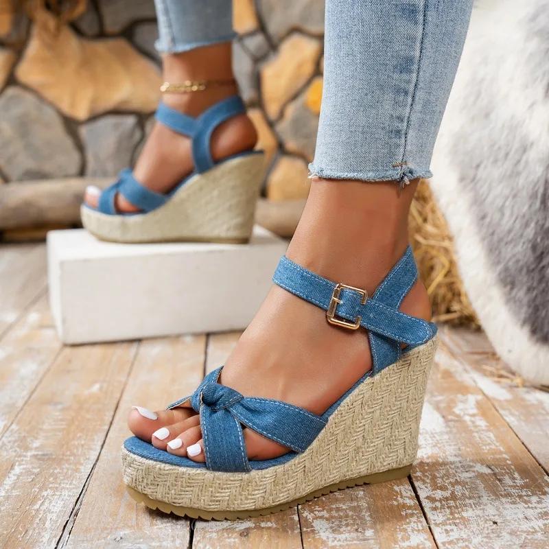 Womens Sandals Fashion Platform Sandals Summer Denim Canvas Casual Sandal Thick Soled Wedge Sandals for Women Sandalias De Mujer