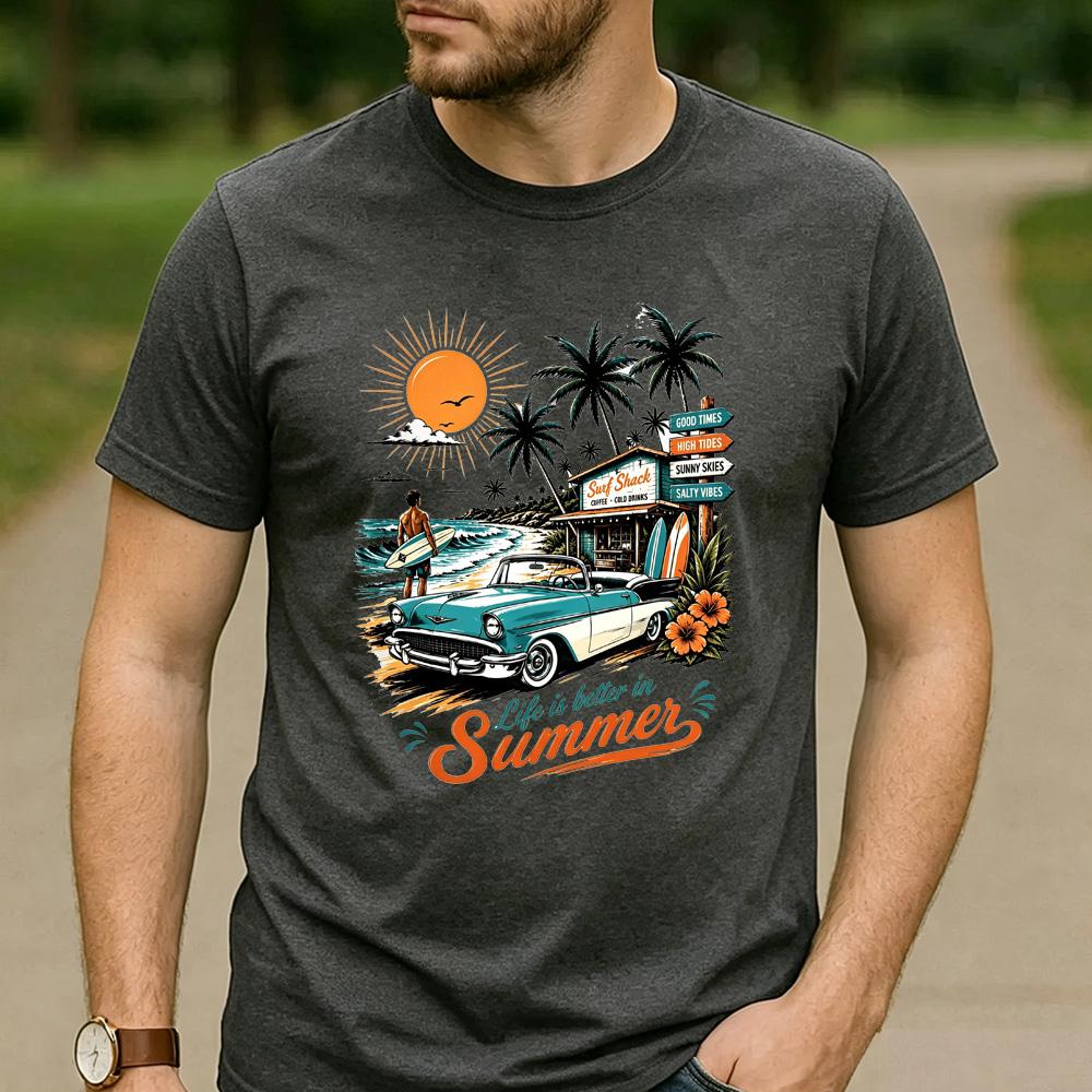 Retro Surf Shack Fan Gift T Shirt Vintage Classic Car Beach Surf Graphic Unisex Unisex Unisex Cotton Summer Vacation Daily Tops