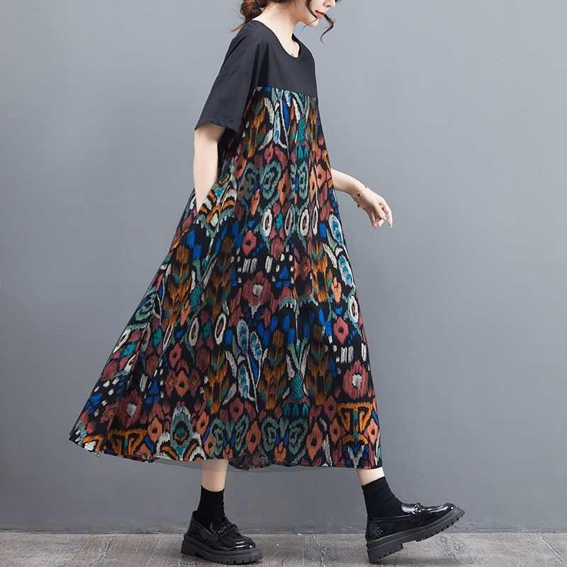 Women's Summer Floral Ruffle Dress  Plus Size Line Dress with Sheer Panel Detailing Vintage Inspired Loose Fit Maxi