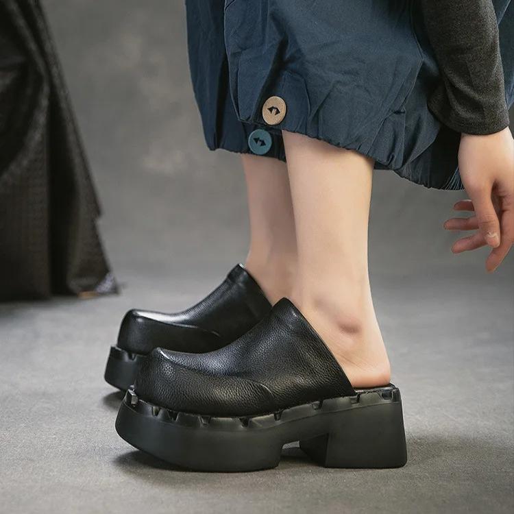 Johnature British Style Genuine Leather Round Toe Thick Heel Slippers Comfortable Thick Soled Women's Shoes