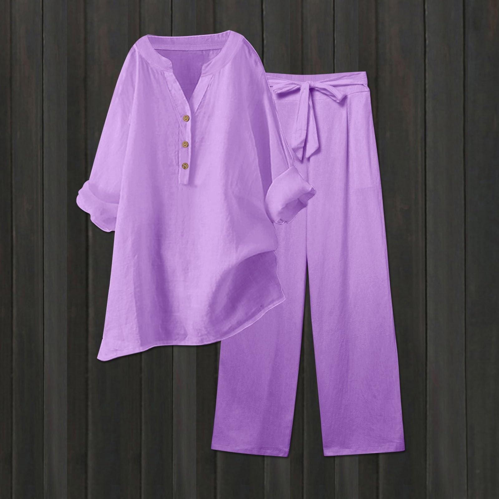 

Женская модная свободная однотонная рубашка с V-образным вырезом и длинными рукавами, топ с завязками и карманами, прямые брюки XXXL фиолетовый