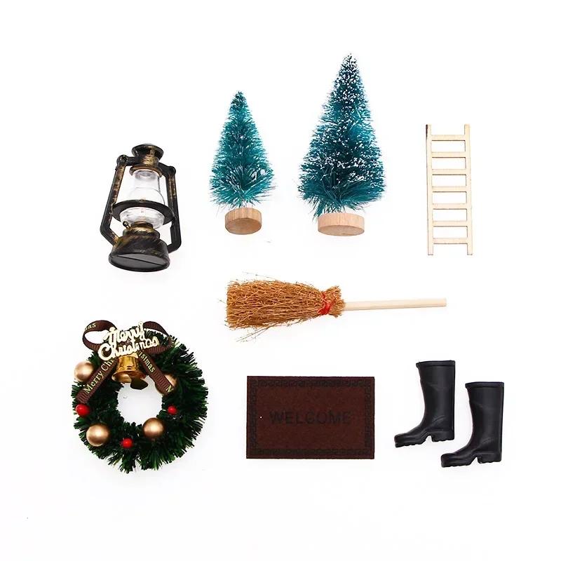 8 Pcs/set Dollhouse Christmas Boots Tree Wreath Pine Santa Claus Carpet Broom Dollhouse Miniature Accessories For Children