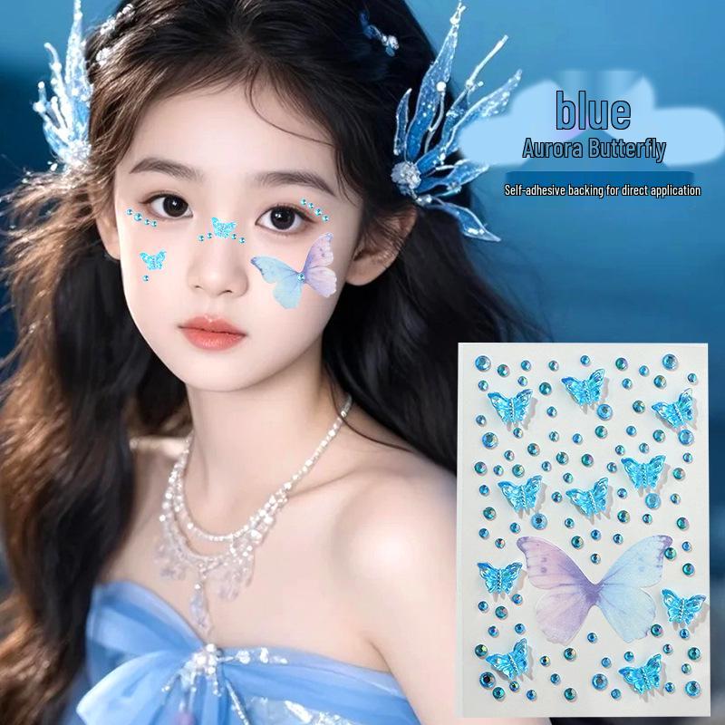 Children's Sequin Eyeshadow & Butterfly Rhinestone Stickers - Glue-Free, Self-Adhesive Stage Makeup for Performances