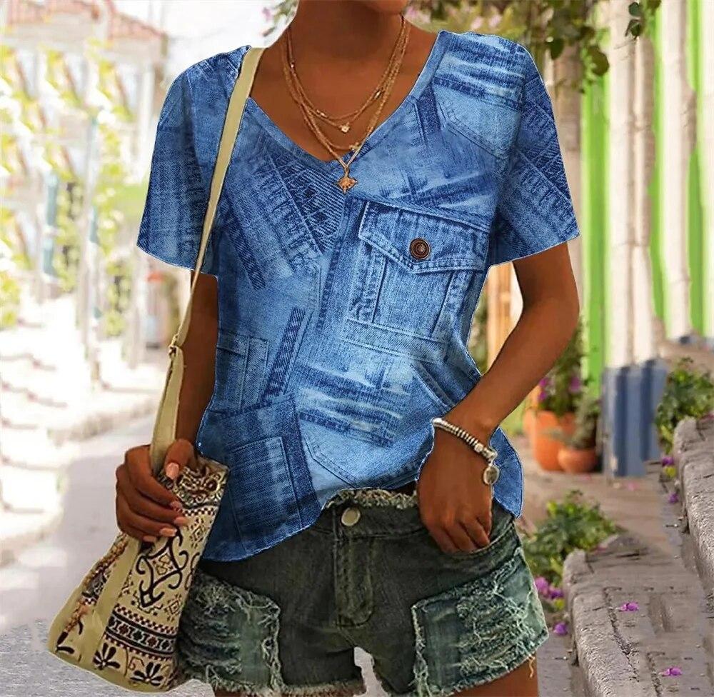 T-shirt con Volto Astratto Tasca Finta Stampa 3D T-shirt da Donna Scollo a V Manica Corta T-shirt Casual Y2K Top Harajuku Abbigliamento Femminile
