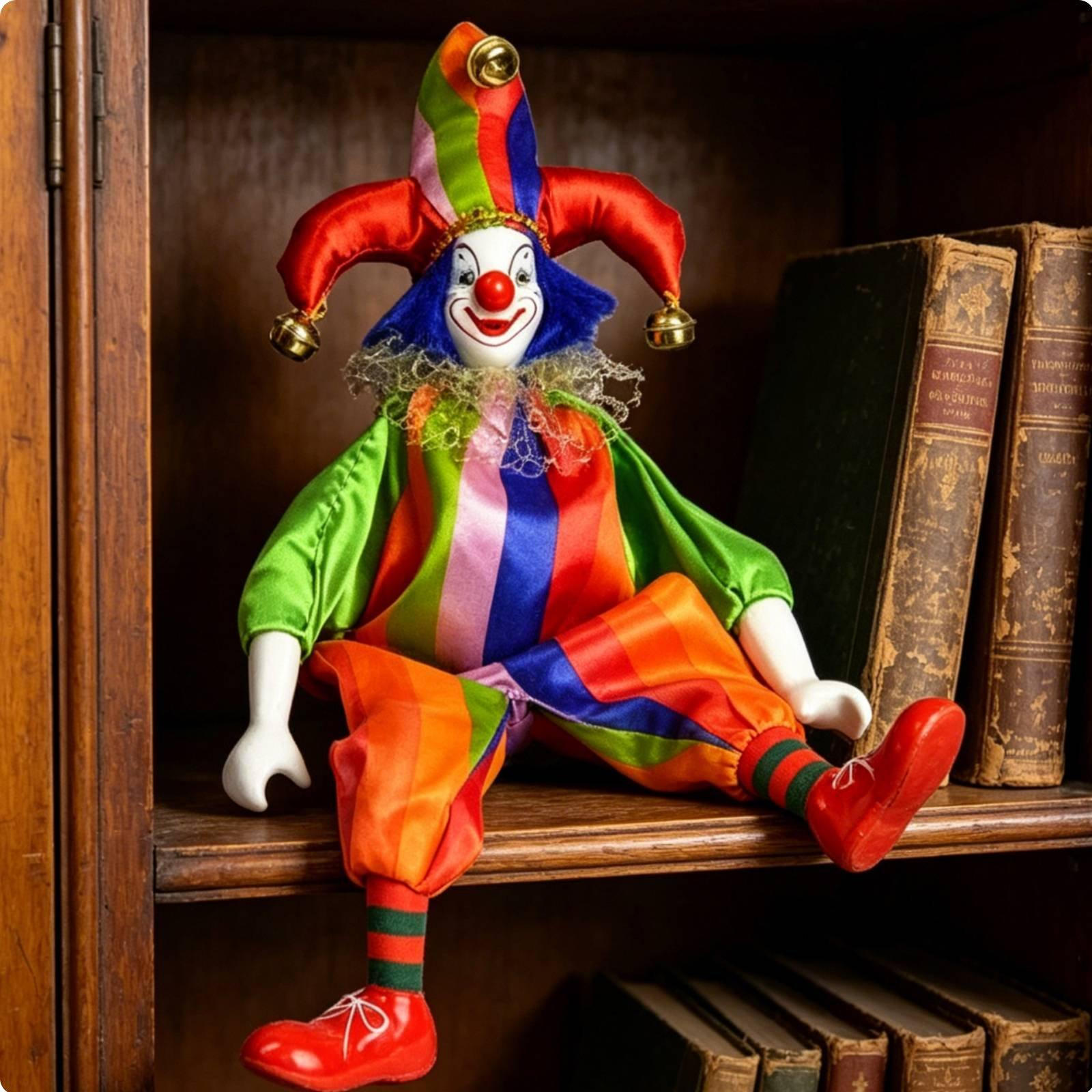 Dangling Leg Clown Doll Collectible Item Shelf Sitter Colorful Costume Ceramic Harlequin