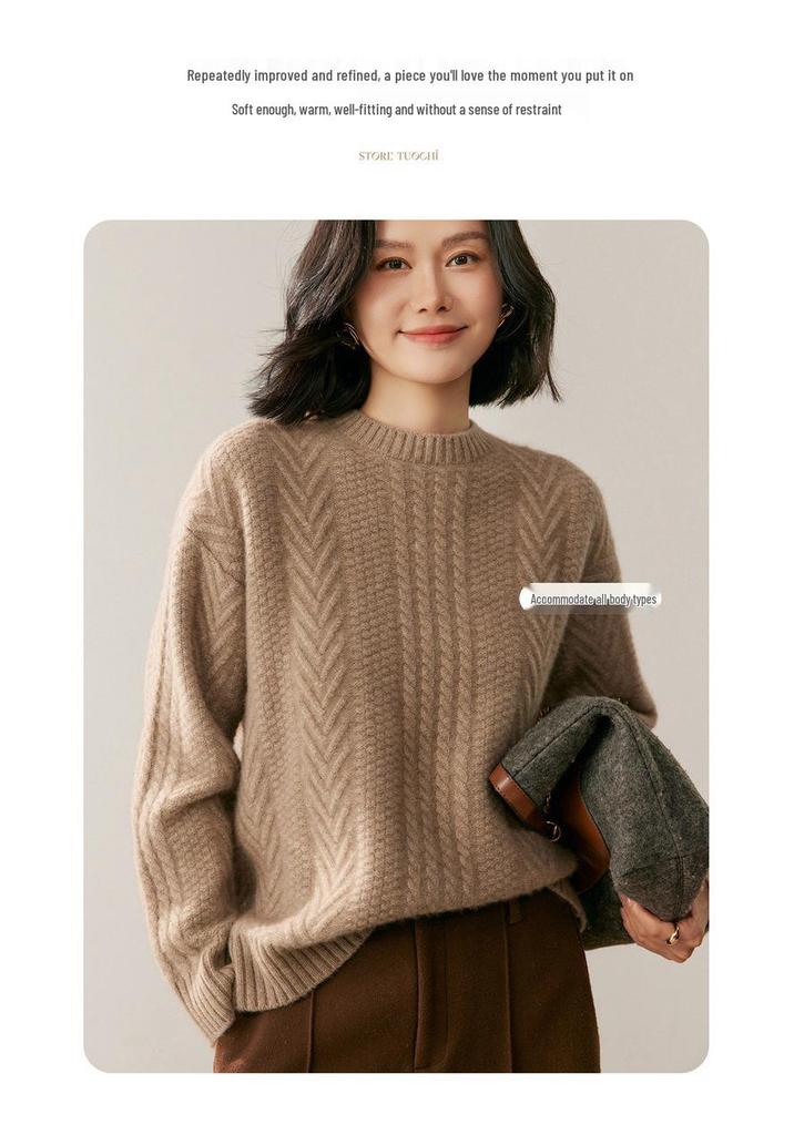 2026 Women's Autumn/Winter Round Neck Cashmere Sweater – Cable Knit, Loose Fit, Simple Casual Style