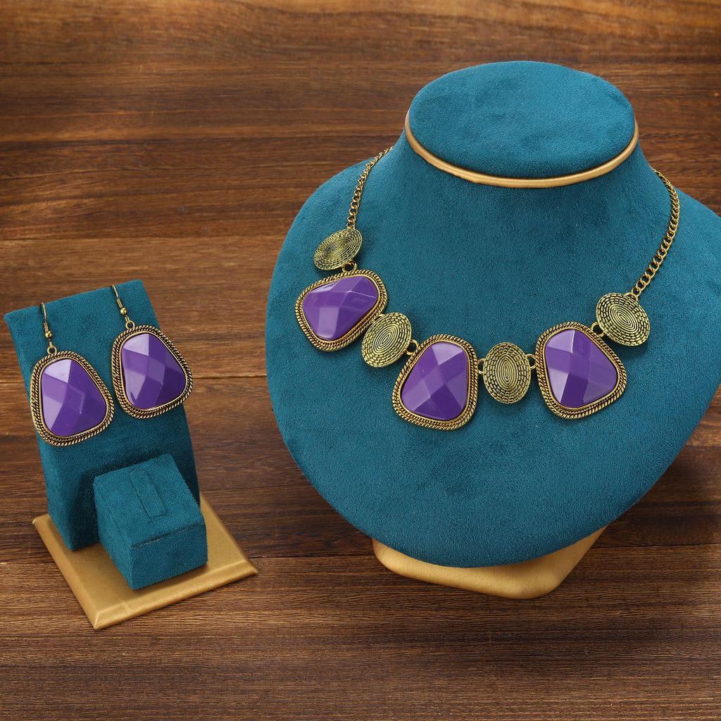 Bohemian Exotic Rhinestone Tassel Necklace & Earrings Set In Antiqued Alloy