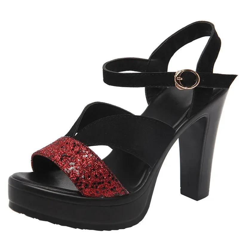 

11см 13см Маленький Размер 32-43 Элегантные Босоножки на Высоком Блочном Каблуке Платформа Летние Женские Кожаные Босоножки с Блестками Модель Платье 37