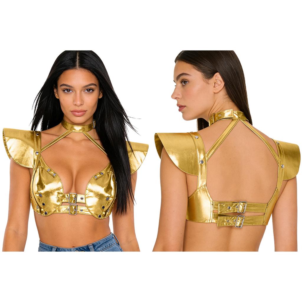S-XXL Damen Glitzer Gothic Crop Top Neckholder Fledermausärmel Nietenbesatz Verstellbare Schnalle Korsett Bustier Schulterpanzer für Rave Club Party