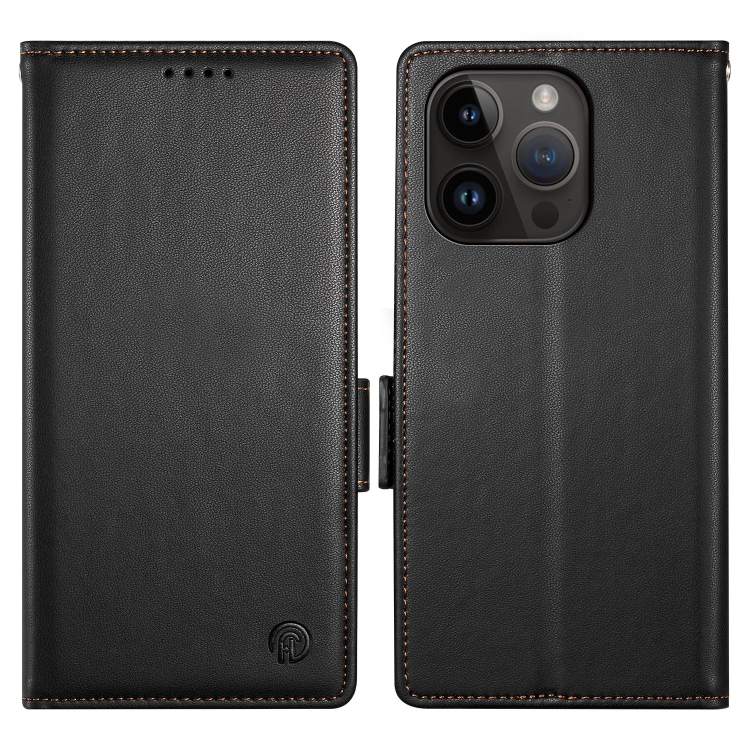 

DF-010 For iPhone 14 Pro Max Case Stand Magnetic Clasp Leather Phone Cover Black