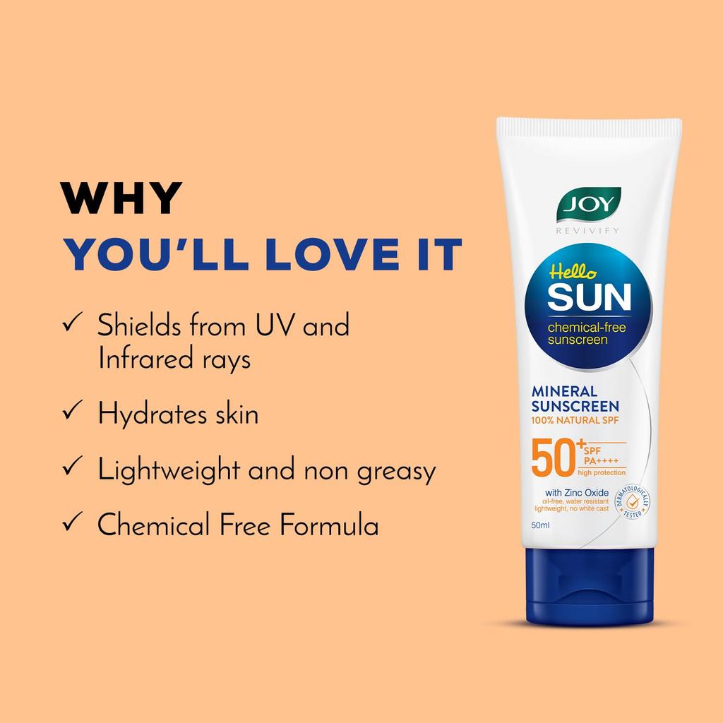 Joy SPF 50 PA++++ Mineral Sunscreen for Oily Skin 50ml | Oil-Free, Lightweight, Zero White Cast, Chemical-Free Protection