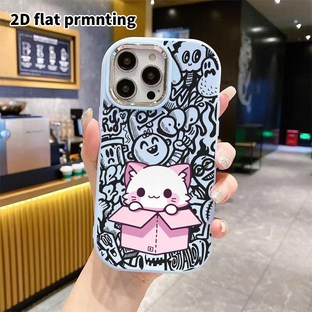 Phone Case: 2D flat design suitable for iPhone 18 17 16 15 14 13 Pro protective case, couple style, pink and white kitten, Christmas and Halloween gif