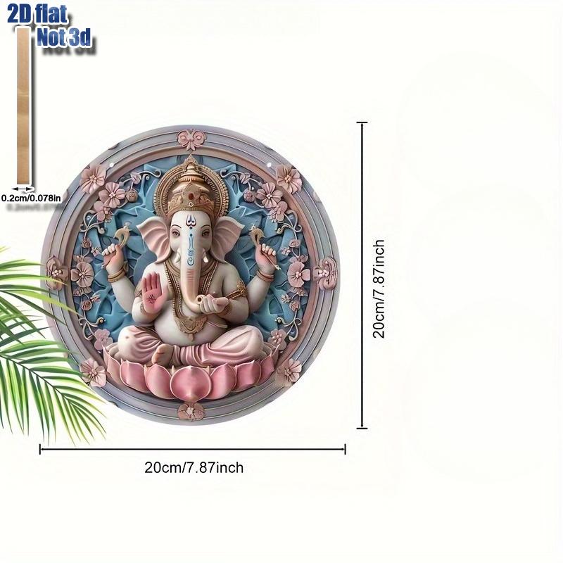 2D Flat Surface Indian Sacred Wood Hanging Sign- Auspicious Deity Wall Art, Exquisite Floral Design, Round Wood Plaque, Used for Home and Office