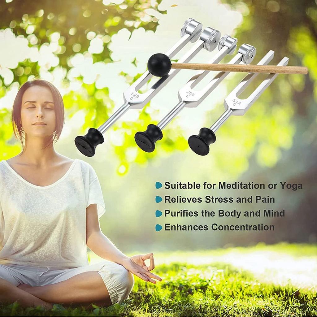 Ahvqevn 4 Pack Tuning Fork Set with Tuning Fork Hammer for Sound Sound Vibration Tools with Silver (128Hz, 256Hz, 512Hz) Base,
